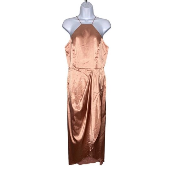 After Six Womens Halter Midi Stretch Draped Tulip Satin Gown Dessert Rose SZ 10 - Picture 2 of 9